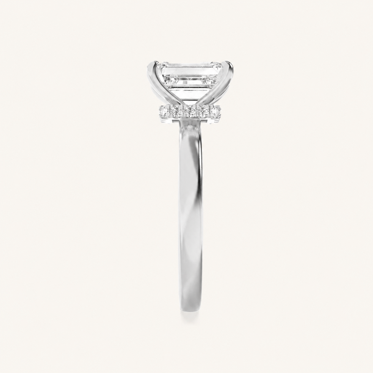1CT Emerald Cut Lab Grown Diamond Hidden Halo Plain Shank Engagement Ring