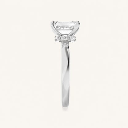 1CT Emerald Cut Lab Grown Diamond Hidden Halo Plain Shank Engagement Ring