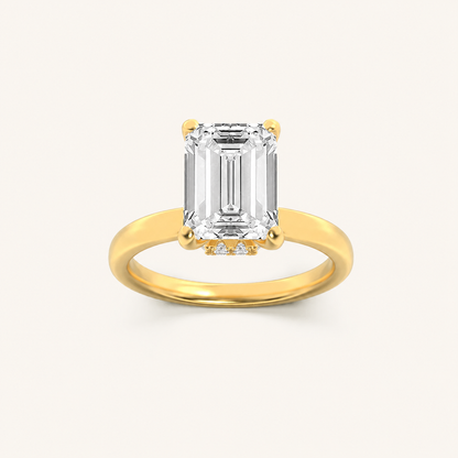 1CT Emerald Cut Lab Grown Diamond Hidden Halo Plain Shank Engagement Ring