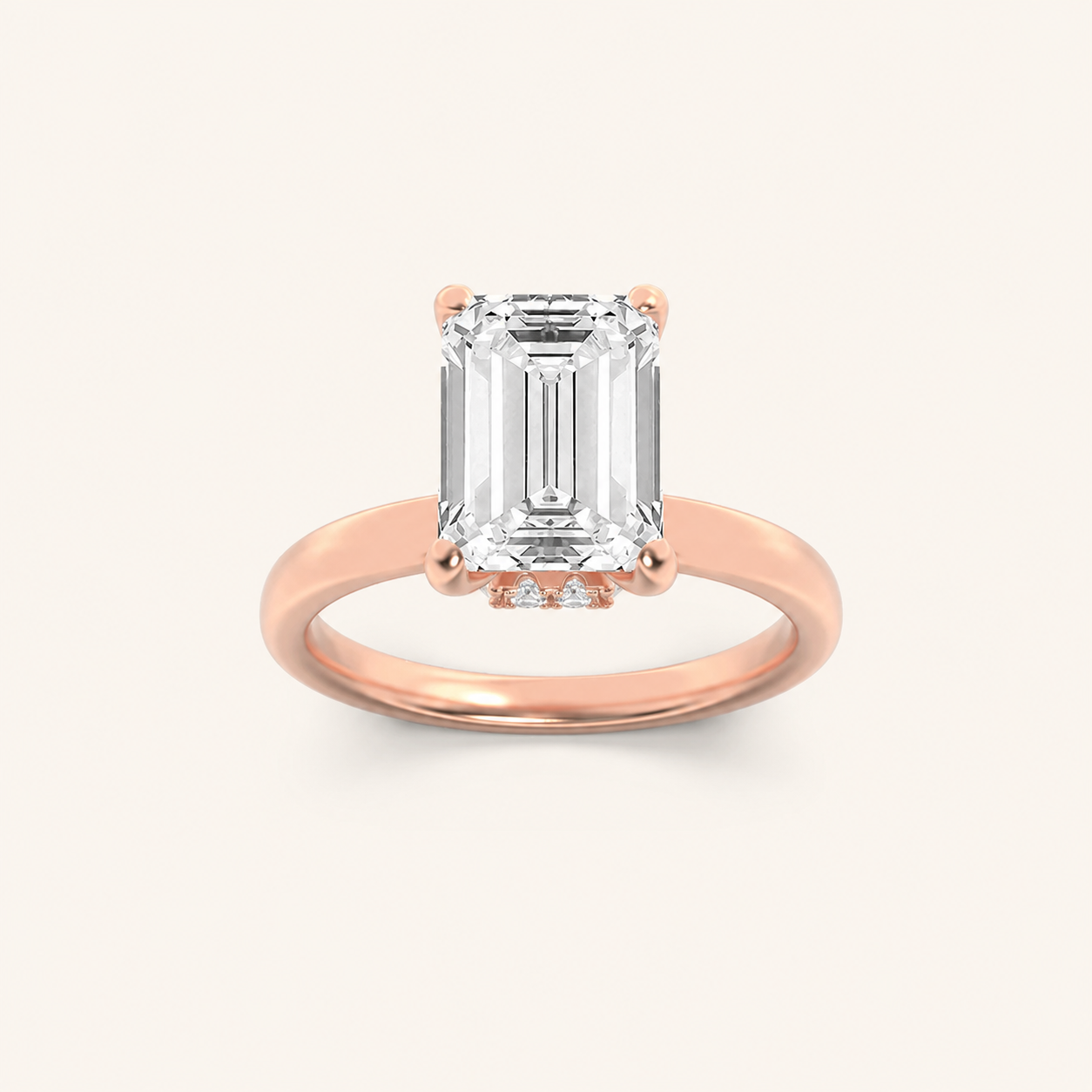 1CT Emerald Cut Lab Grown Diamond Hidden Halo Plain Shank Engagement Ring