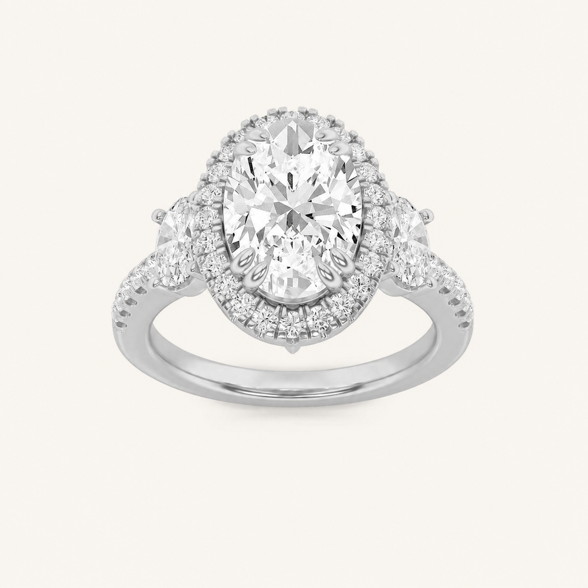 3CT Oval Cut Lab Grown Diamond Three Stone Accented Engagement Ring
