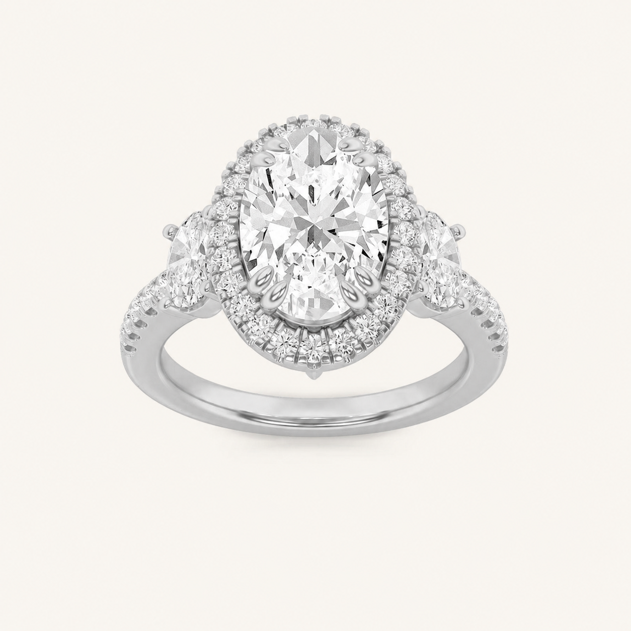 3CT Oval Cut Lab Grown Diamond Three Stone Accented Engagement Ring