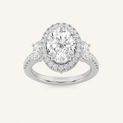 3CT Oval Cut Lab Grown Diamond Three Stone Accented Engagement Ring