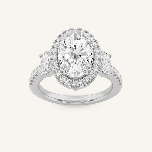 3CT Oval Cut Lab Grown Diamond Three Stone Accented Engagement Ring
