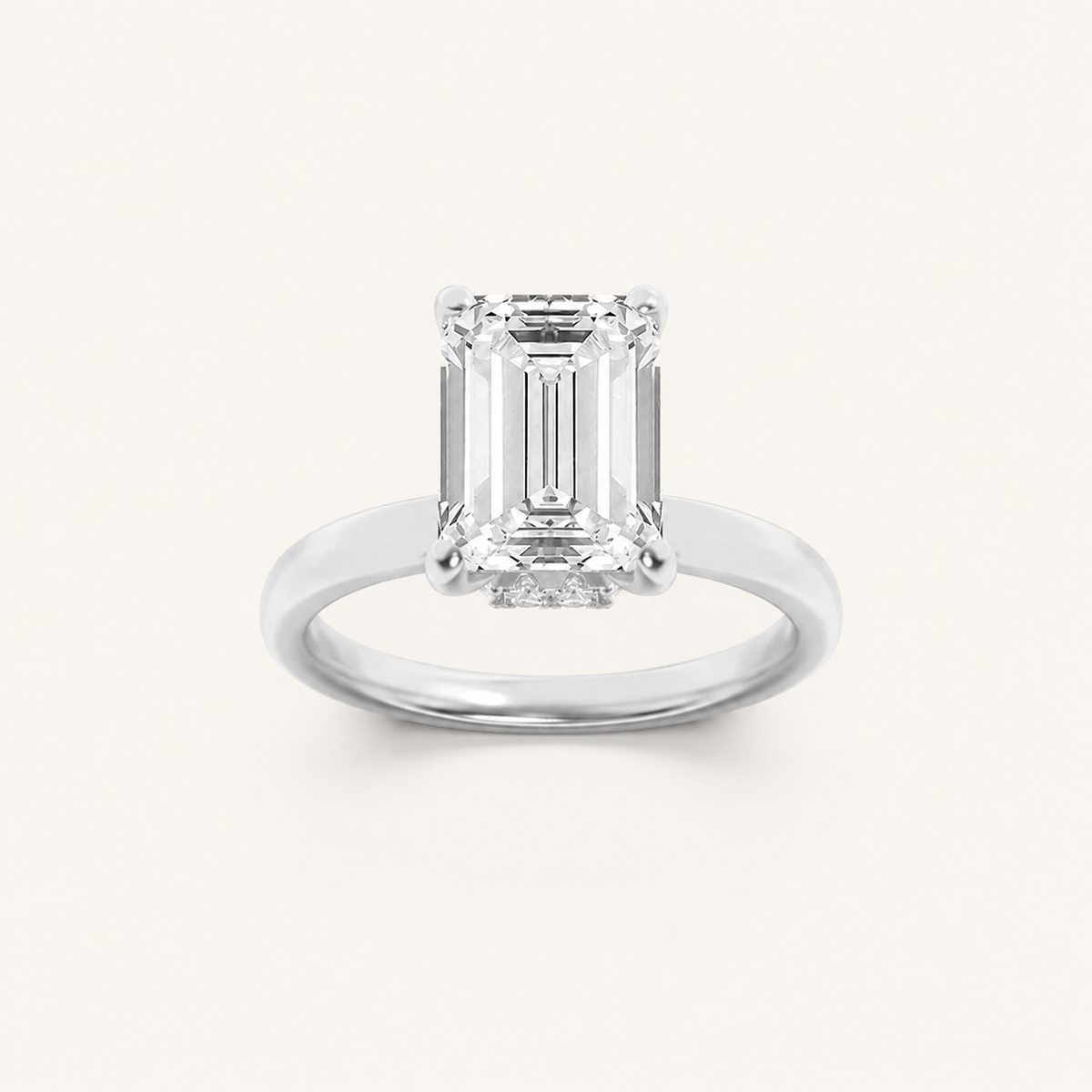 2CT Emerald Cut Lab Grown Diamond Hidden Halo Plain Shank Engagement Ring