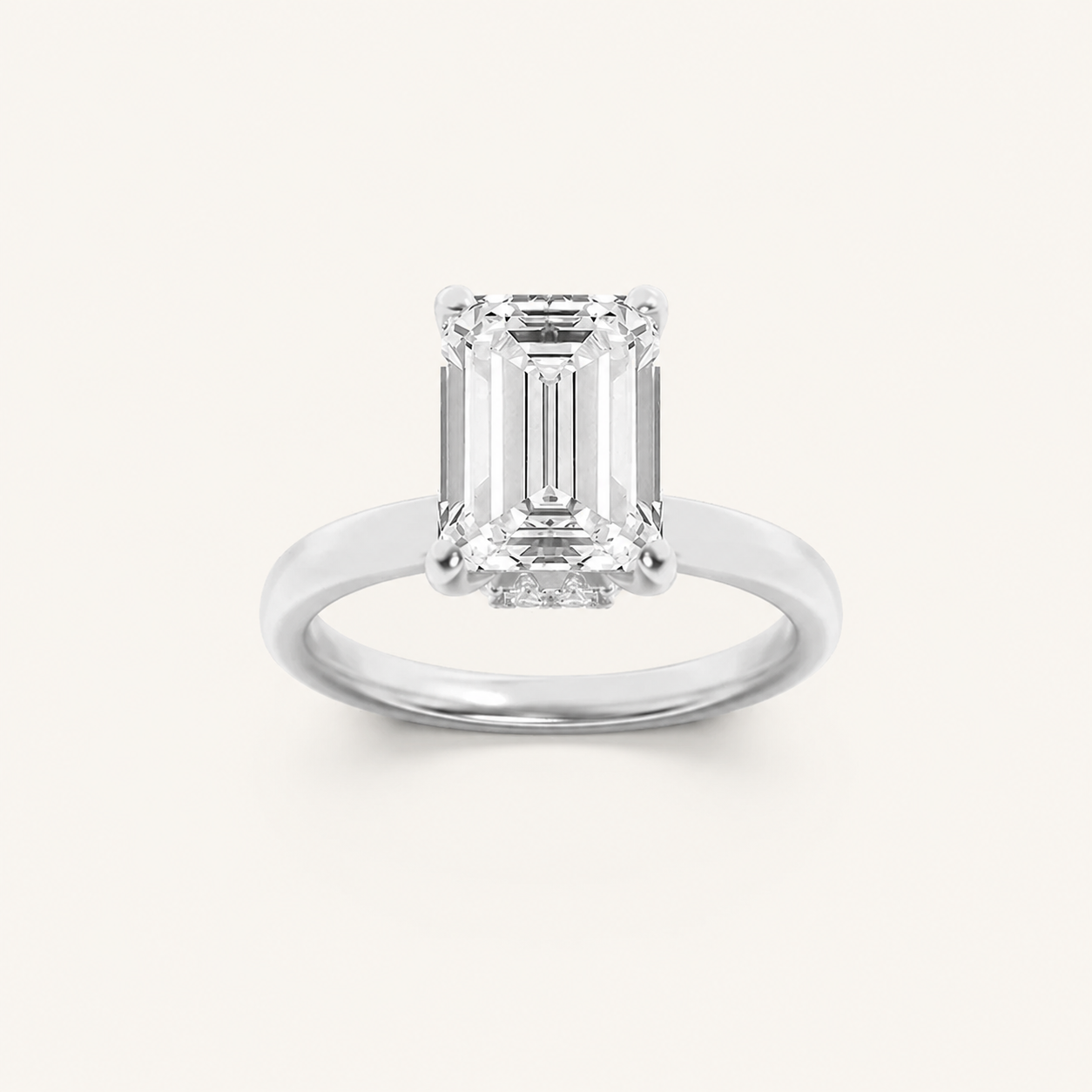 2CT Emerald Cut Lab Grown Diamond Hidden Halo Plain Shank Engagement Ring