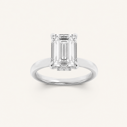 2CT Emerald Cut Lab Grown Diamond Hidden Halo Plain Shank Engagement Ring