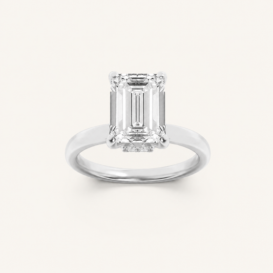 2CT Emerald Cut Lab Grown Diamond Hidden Halo Plain Shank Engagement Ring