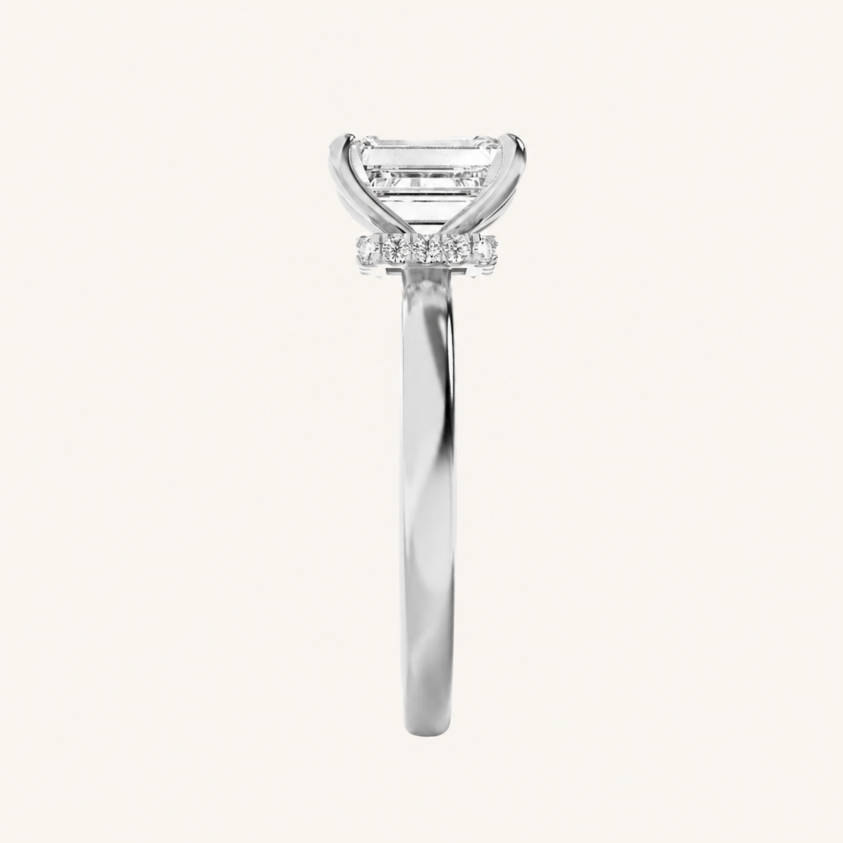 2CT Emerald Cut Lab Grown Diamond Hidden Halo Plain Shank Engagement Ring