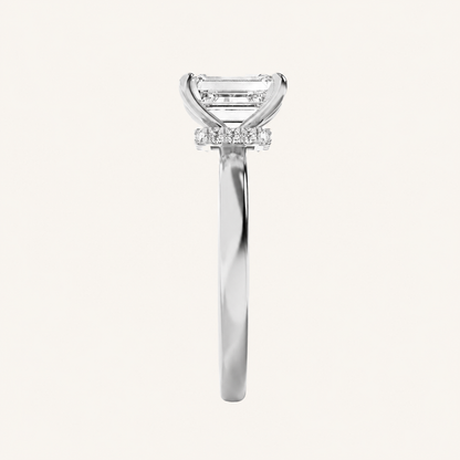2CT Emerald Cut Lab Grown Diamond Hidden Halo Plain Shank Engagement Ring