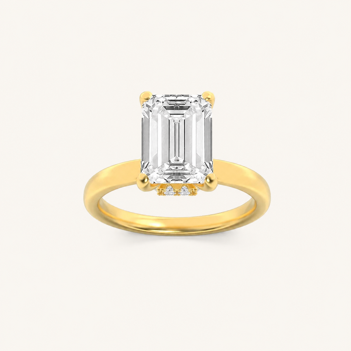 2CT Emerald Cut Lab Grown Diamond Hidden Halo Plain Shank Engagement Ring