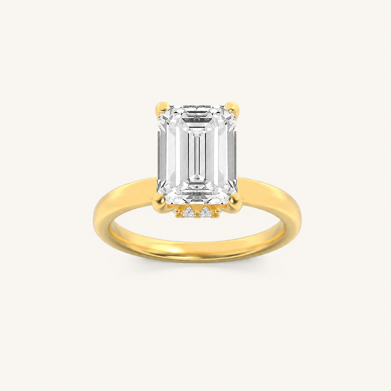 2CT Emerald Cut Lab Grown Diamond Hidden Halo Plain Shank Engagement Ring