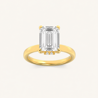 2CT Emerald Cut Lab Grown Diamond Hidden Halo Plain Shank Engagement Ring