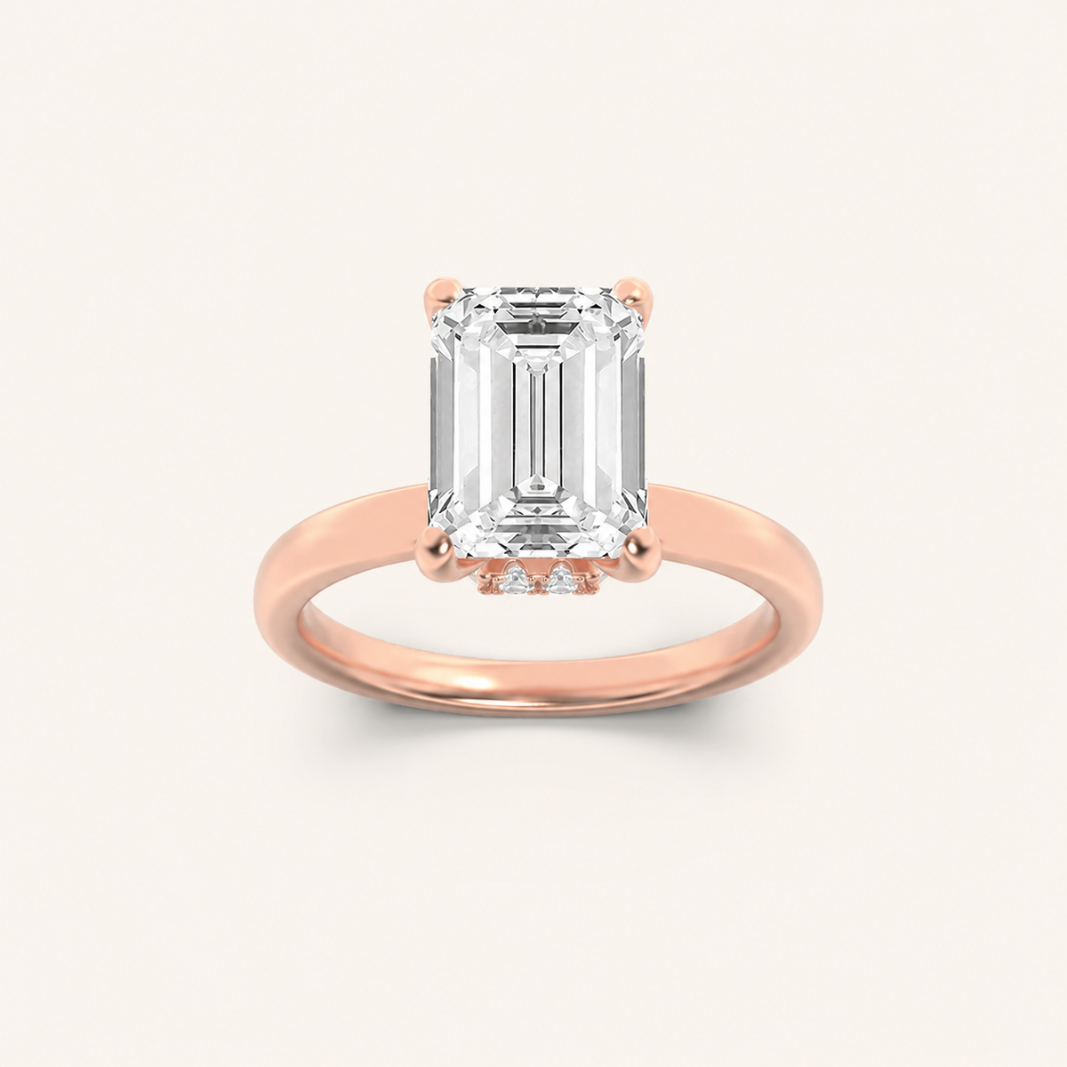 2CT Emerald Cut Lab Grown Diamond Hidden Halo Plain Shank Engagement Ring
