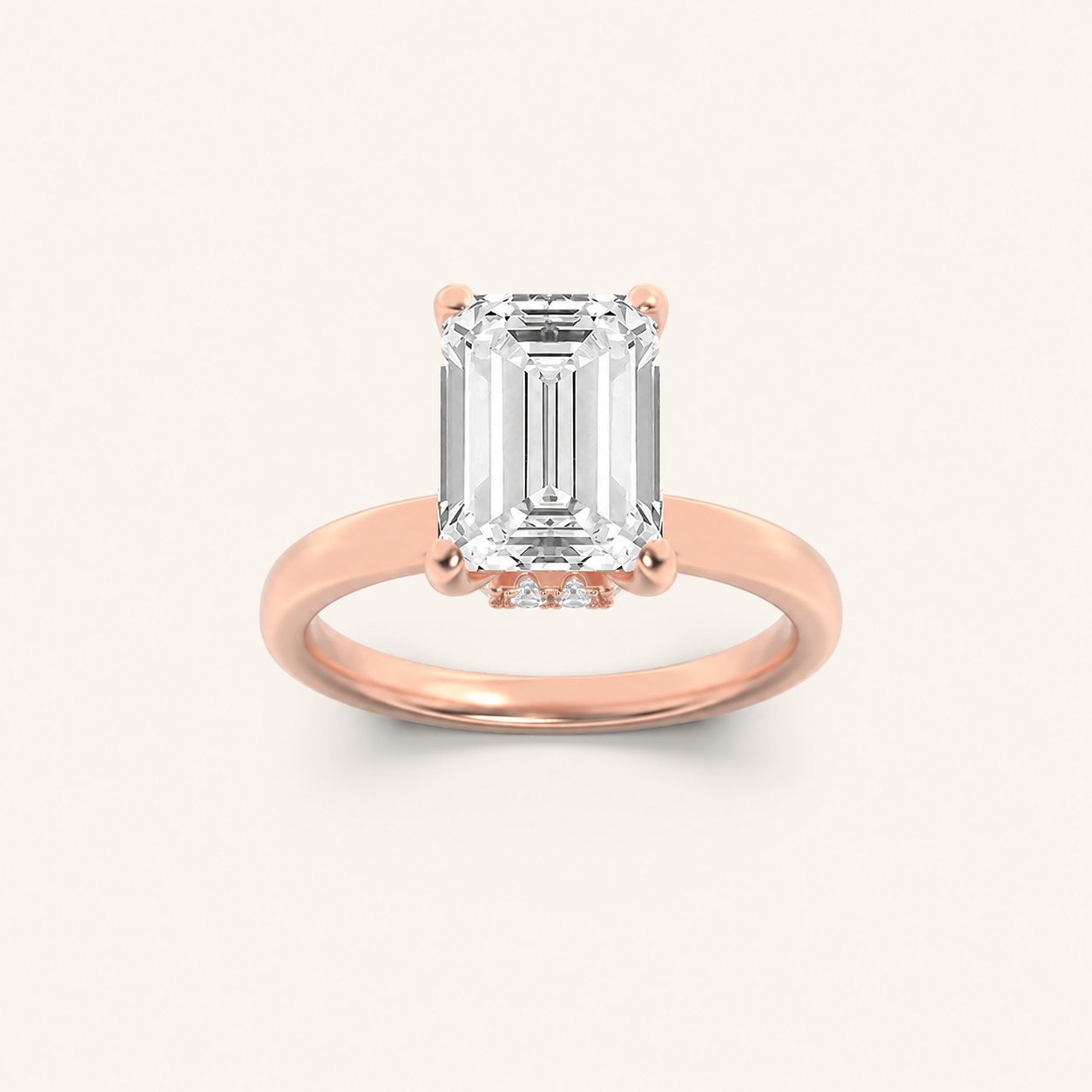 2CT Emerald Cut Lab Grown Diamond Hidden Halo Plain Shank Engagement Ring