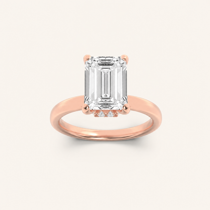 2CT Emerald Cut Lab Grown Diamond Hidden Halo Plain Shank Engagement Ring