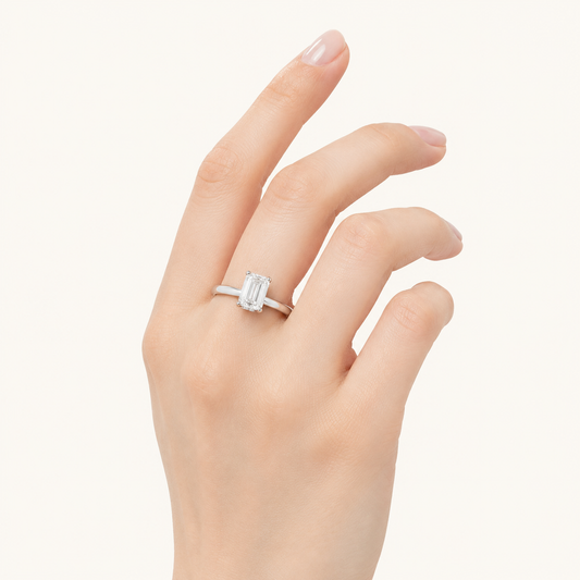 2CT Emerald Cut Lab Grown Diamond Hidden Halo Plain Shank Engagement Ring