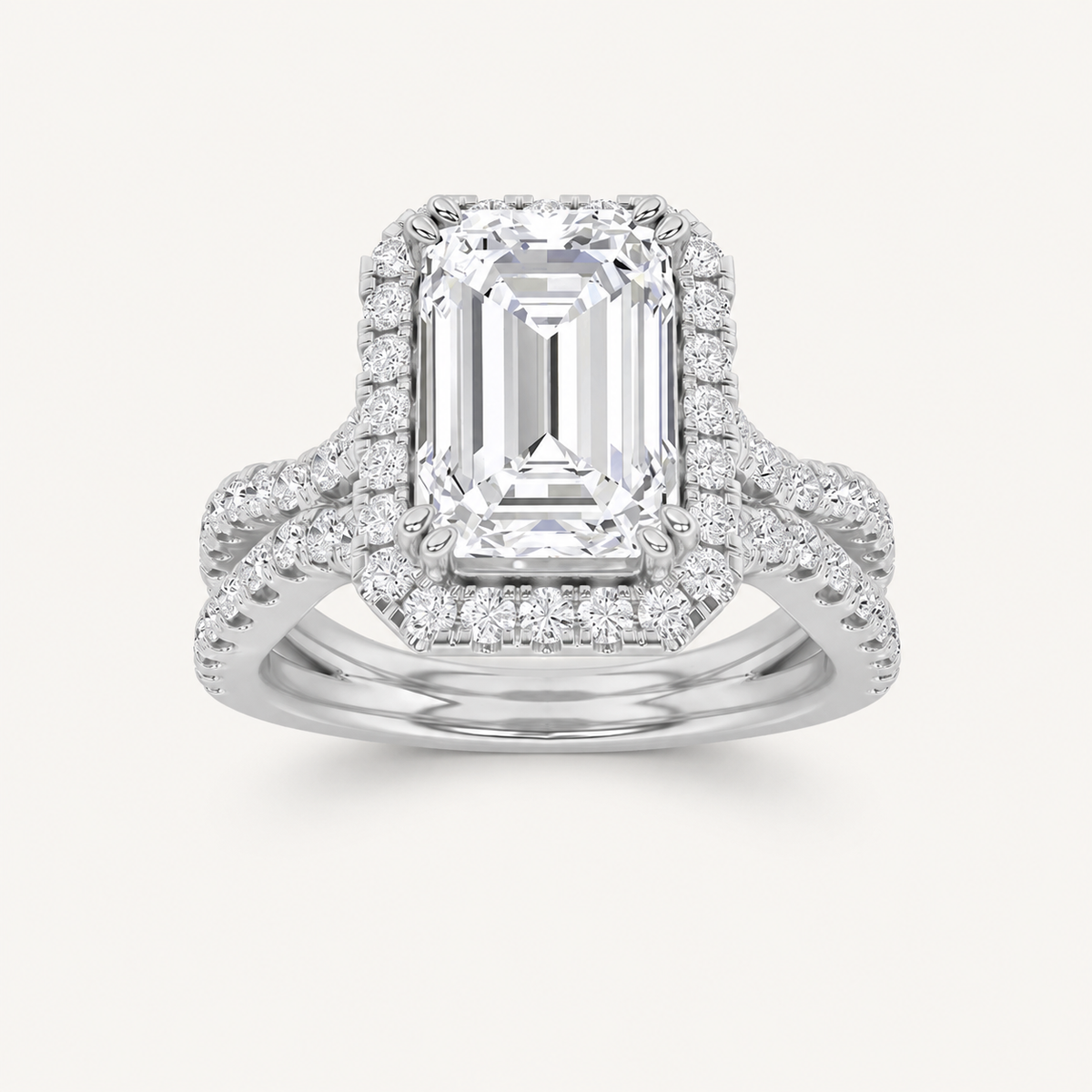 4CT Emerald Cut Lab Grown Diamond Split Shank Halo Engagement Ring