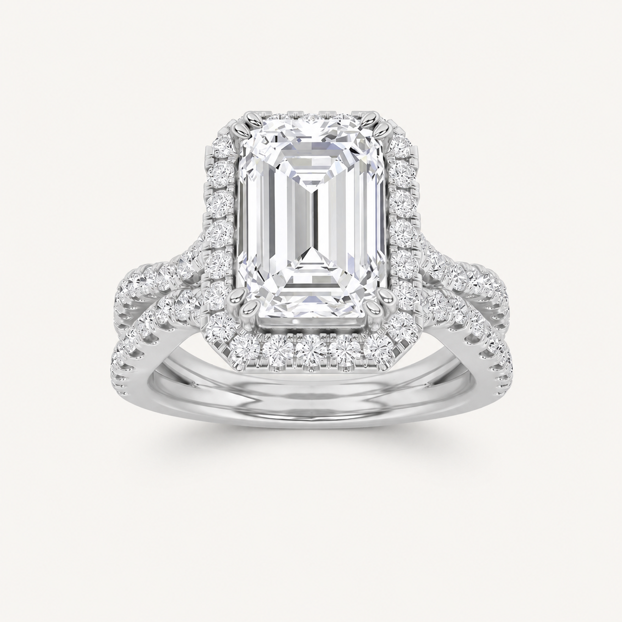 4CT Emerald Cut Lab Grown Diamond Split Shank Halo Engagement Ring