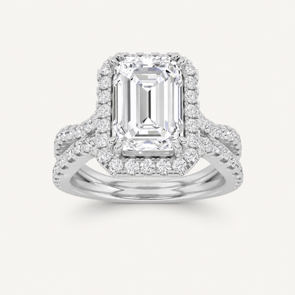 4CT Emerald Cut Lab Grown Diamond Split Shank Halo Engagement Ring