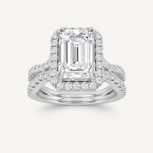 4CT Emerald Cut Lab Grown Diamond Split Shank Halo Engagement Ring
