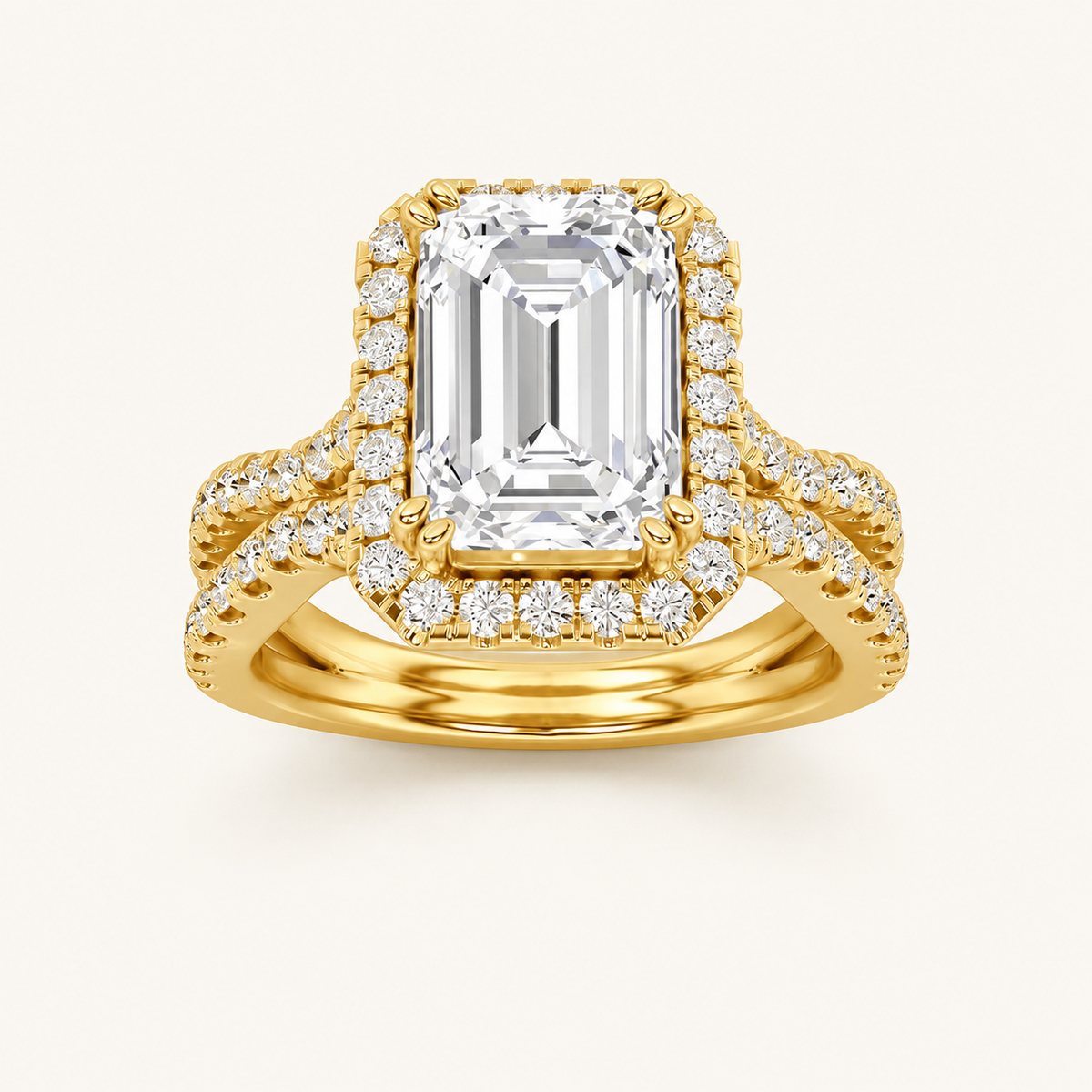 4CT Emerald Cut Lab Grown Diamond Split Shank Halo Engagement Ring