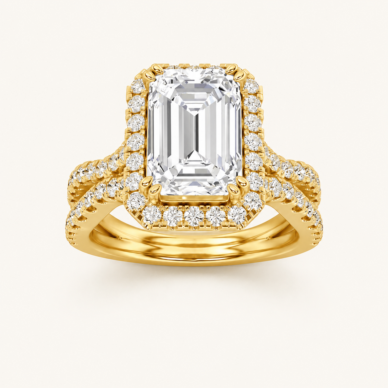 4CT Emerald Cut Lab Grown Diamond Split Shank Halo Engagement Ring