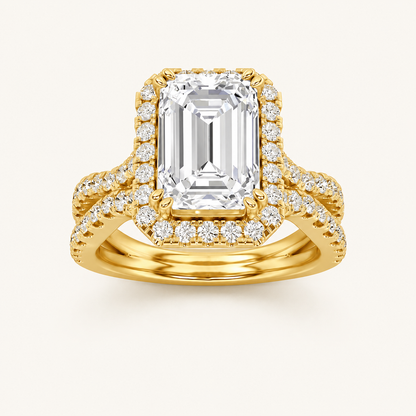4CT Emerald Cut Lab Grown Diamond Split Shank Halo Engagement Ring