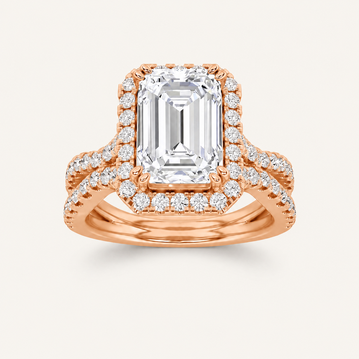 4CT Emerald Cut Lab Grown Diamond Split Shank Halo Engagement Ring
