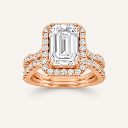 4CT Emerald Cut Lab Grown Diamond Split Shank Halo Engagement Ring
