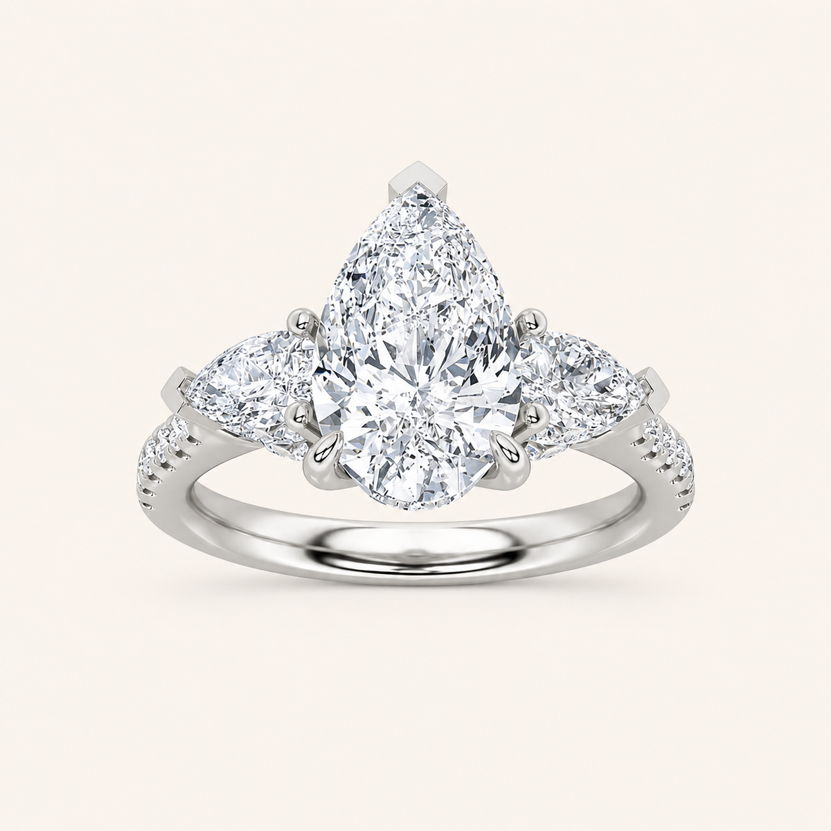 3CT Pear Cut Lab Grown Diamond Three Stone Engagement Ring