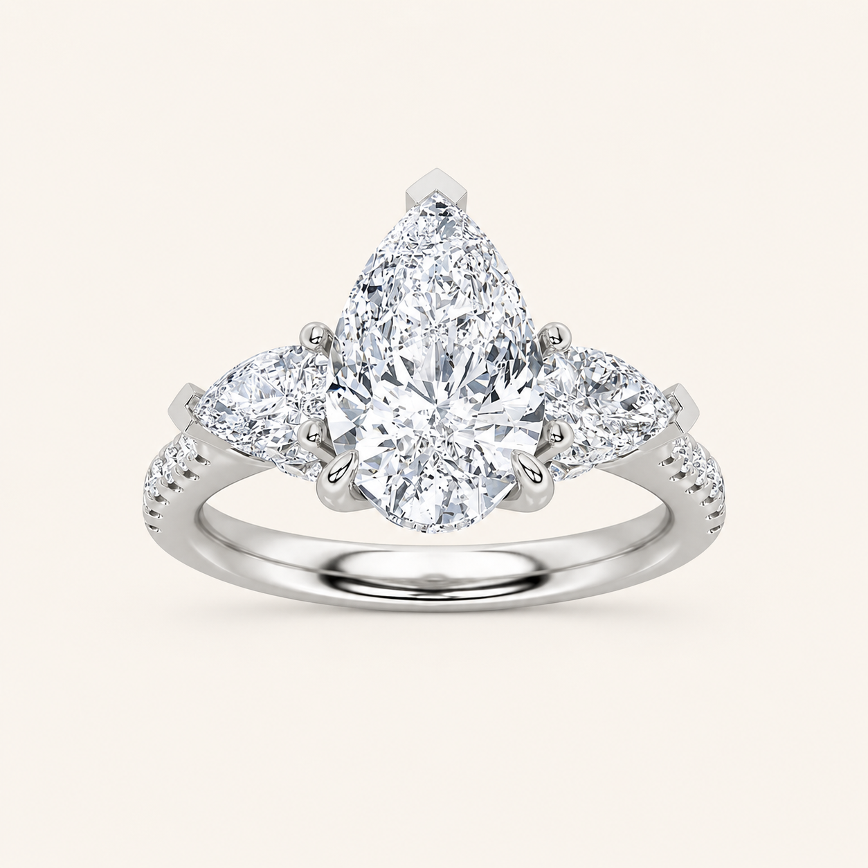 3CT Pear Cut Lab Grown Diamond Three Stone Engagement Ring