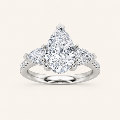 3CT Pear Cut Lab Grown Diamond Three Stone Engagement Ring