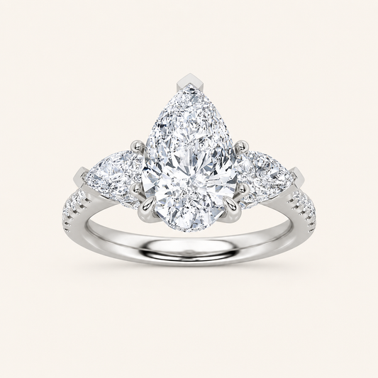 3CT Pear Cut Lab Grown Diamond Three Stone Engagement Ring