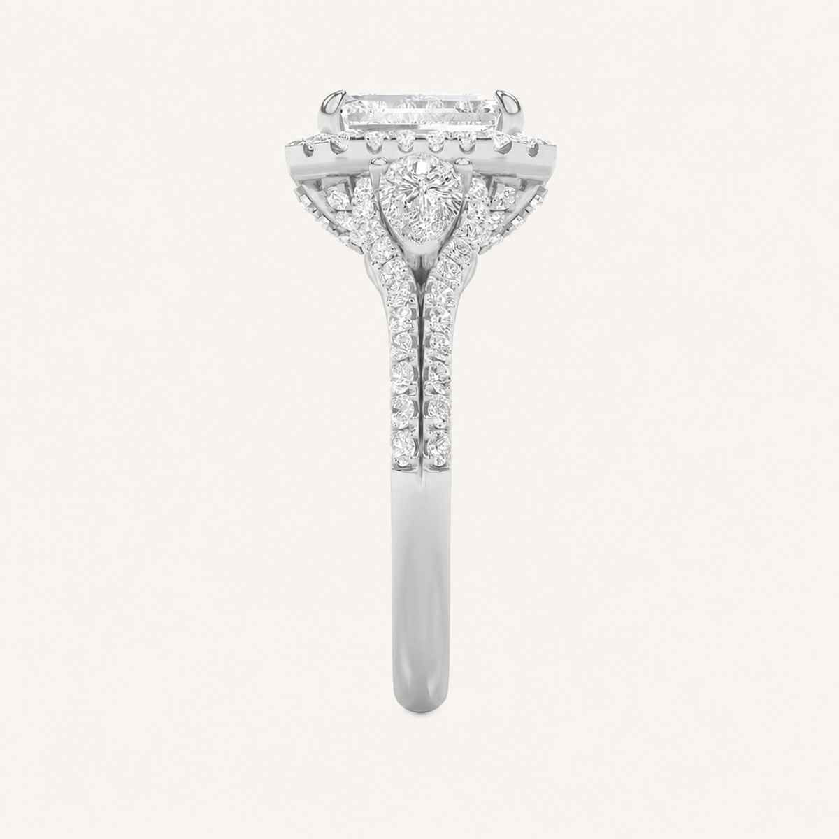 3CT Emerald Cut Lab Grown Diamond Three Stone Bold Accented Engagement Ring