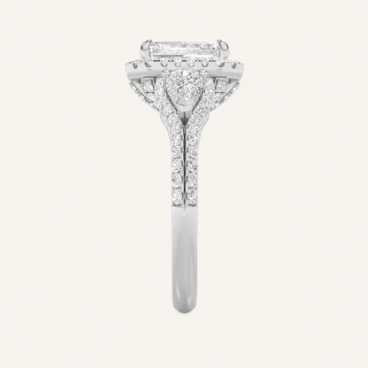 3CT Emerald Cut Lab Grown Diamond Three Stone Bold Accented Engagement Ring