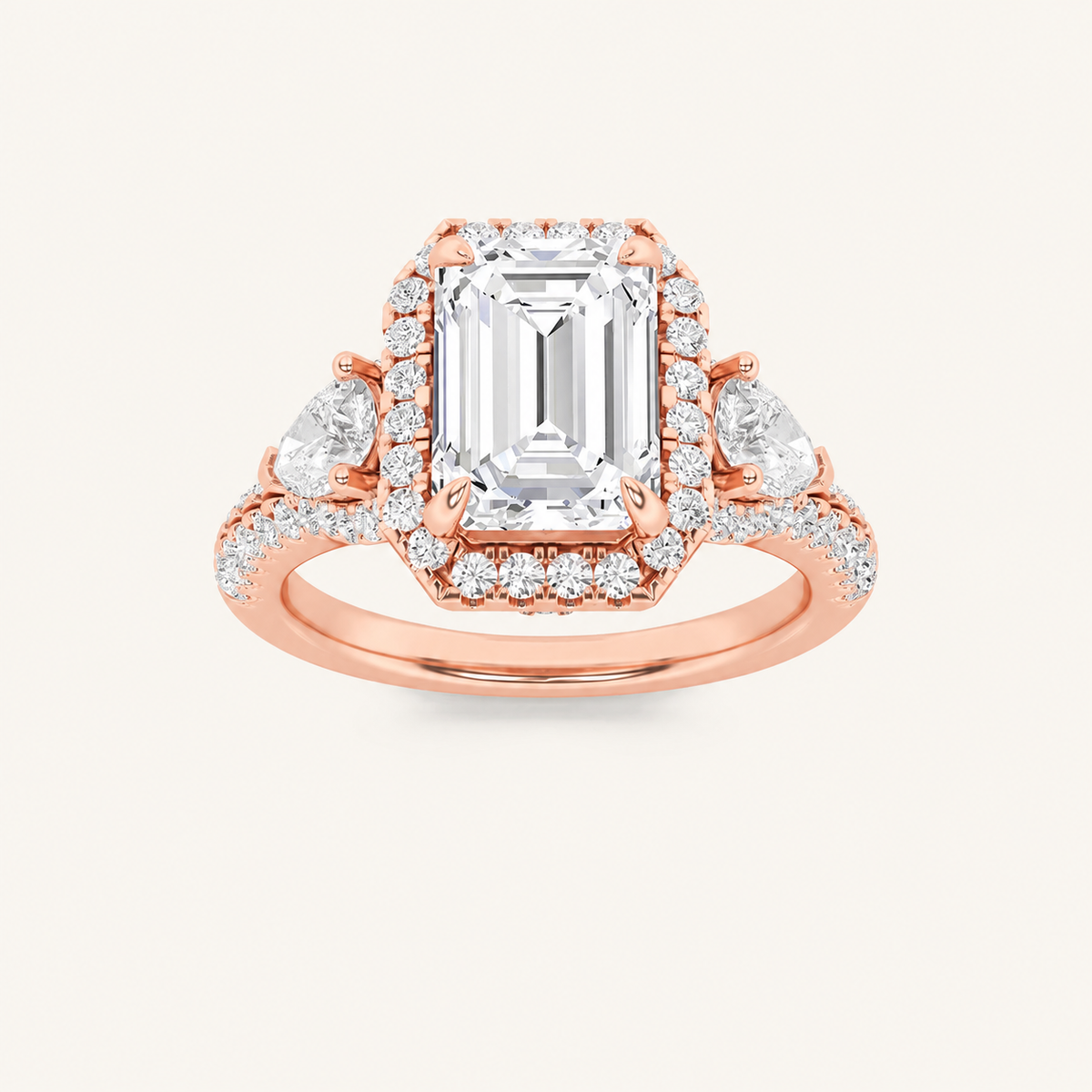 3CT Emerald Cut Lab Grown Diamond Three Stone Bold Accented Engagement Ring