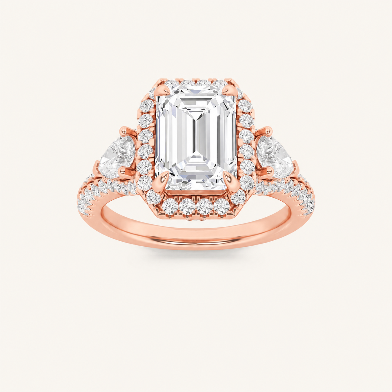 3CT Emerald Cut Lab Grown Diamond Three Stone Bold Accented Engagement Ring