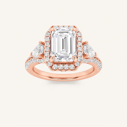 3CT Emerald Cut Lab Grown Diamond Three Stone Bold Accented Engagement Ring