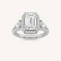 3CT Emerald Cut Lab Grown Diamond Three Stone Bold Accented Engagement Ring