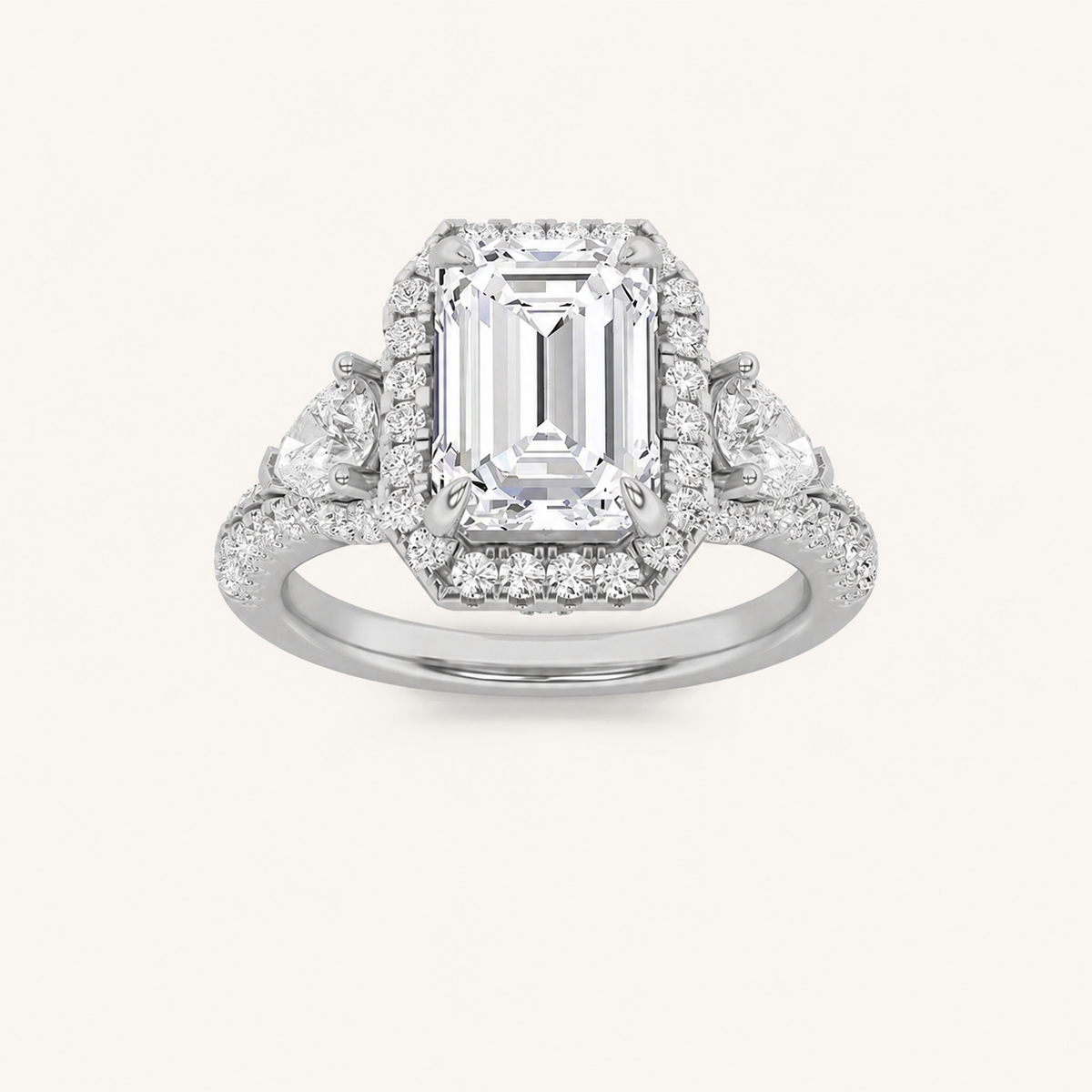 3CT Emerald Cut Lab Grown Diamond Three Stone Bold Accented Engagement Ring