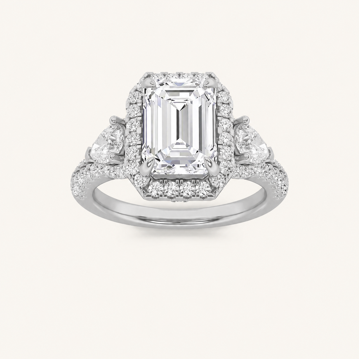3CT Emerald Cut Lab Grown Diamond Three Stone Bold Accented Engagement Ring