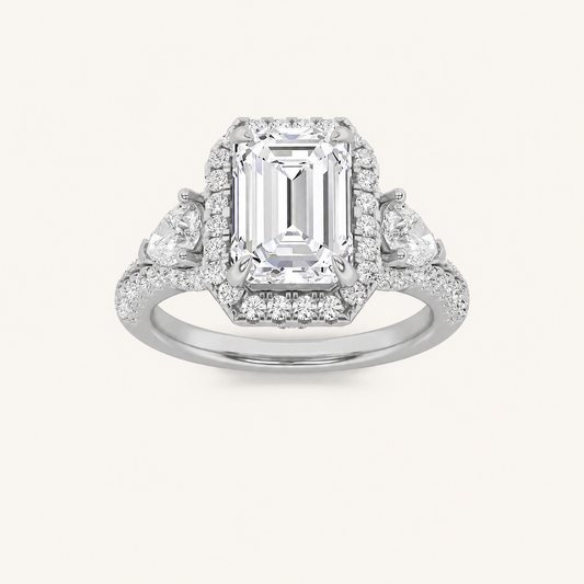 3CT Emerald Cut Lab Grown Diamond Three Stone Bold Accented Engagement Ring