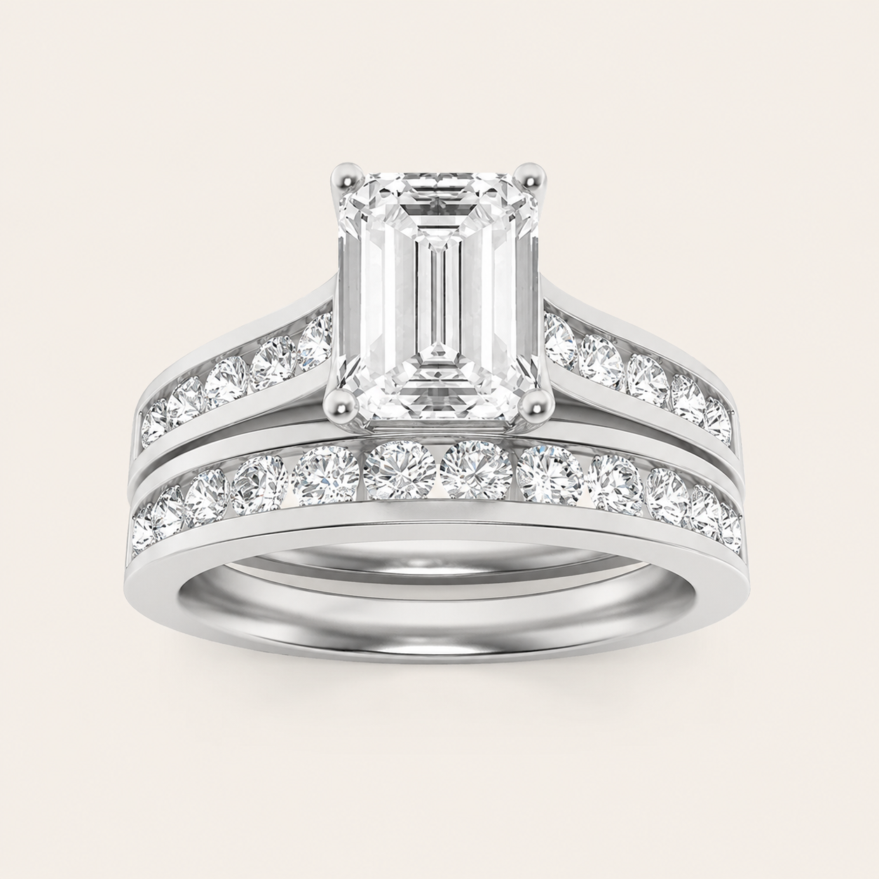 2CT Emerald Cut Lab Grown Diamond Channel Bridal Set