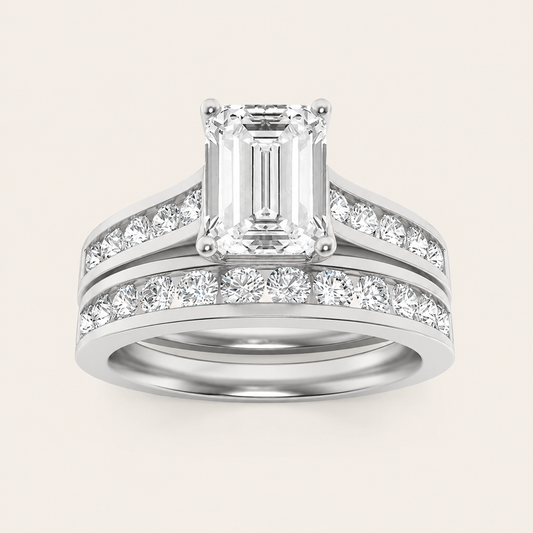 2CT Emerald Cut Lab Grown Diamond Channel Bridal Set