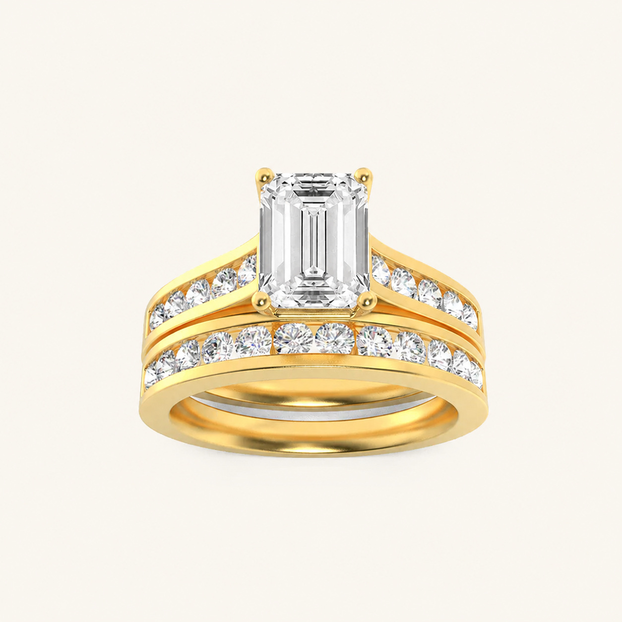 2CT Emerald Cut Lab Grown Diamond Channel Bridal Set