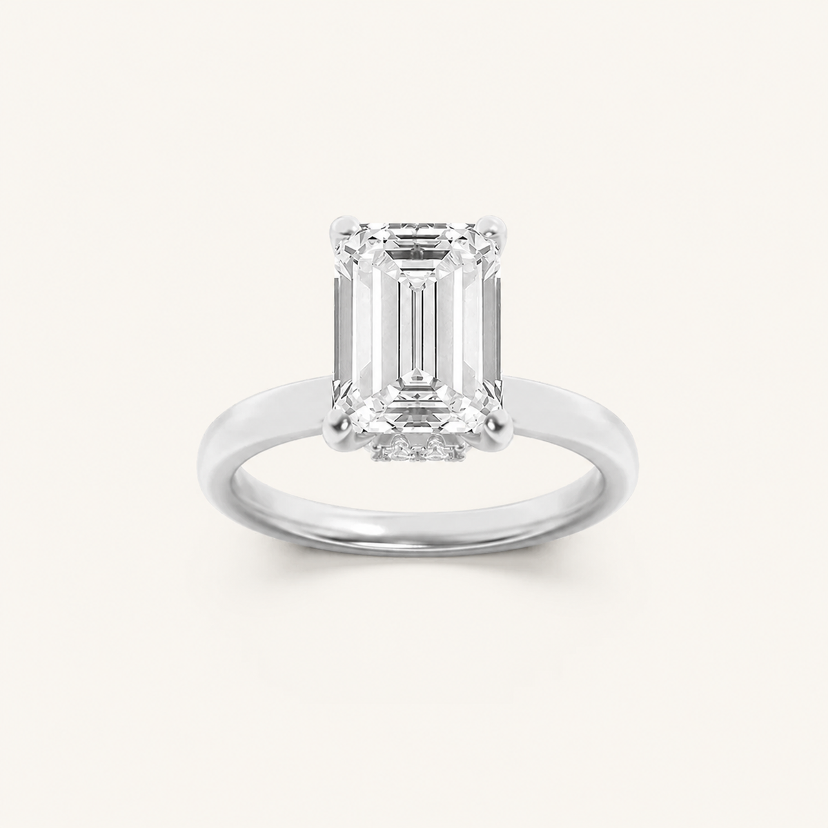 3CT Emerald Cut Lab Grown Diamond Hidden Halo Plain Shank Engagement Ring