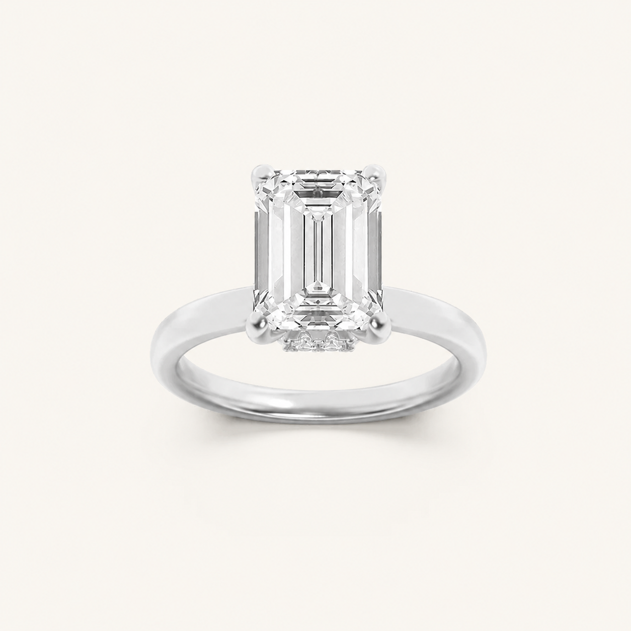 3CT Emerald Cut Lab Grown Diamond Hidden Halo Plain Shank Engagement Ring