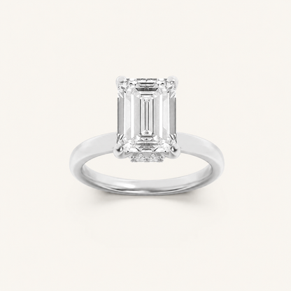 3CT Emerald Cut Lab Grown Diamond Hidden Halo Plain Shank Engagement Ring