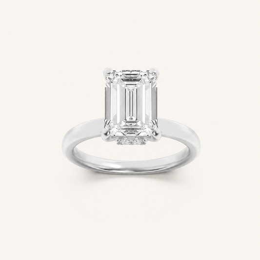 3CT Emerald Cut Lab Grown Diamond Hidden Halo Plain Shank Engagement Ring
